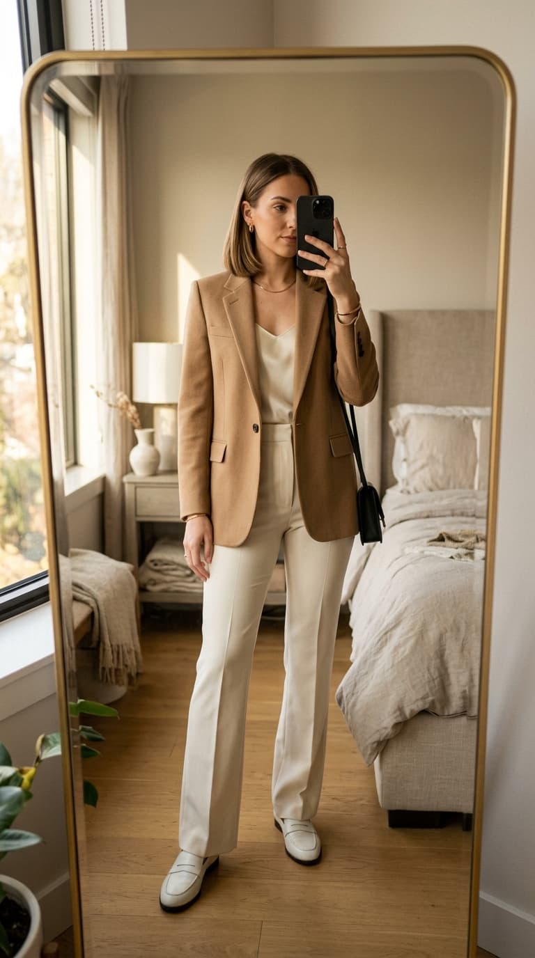 Woman in a camel blazer and cream trousers taking a mirror selfie